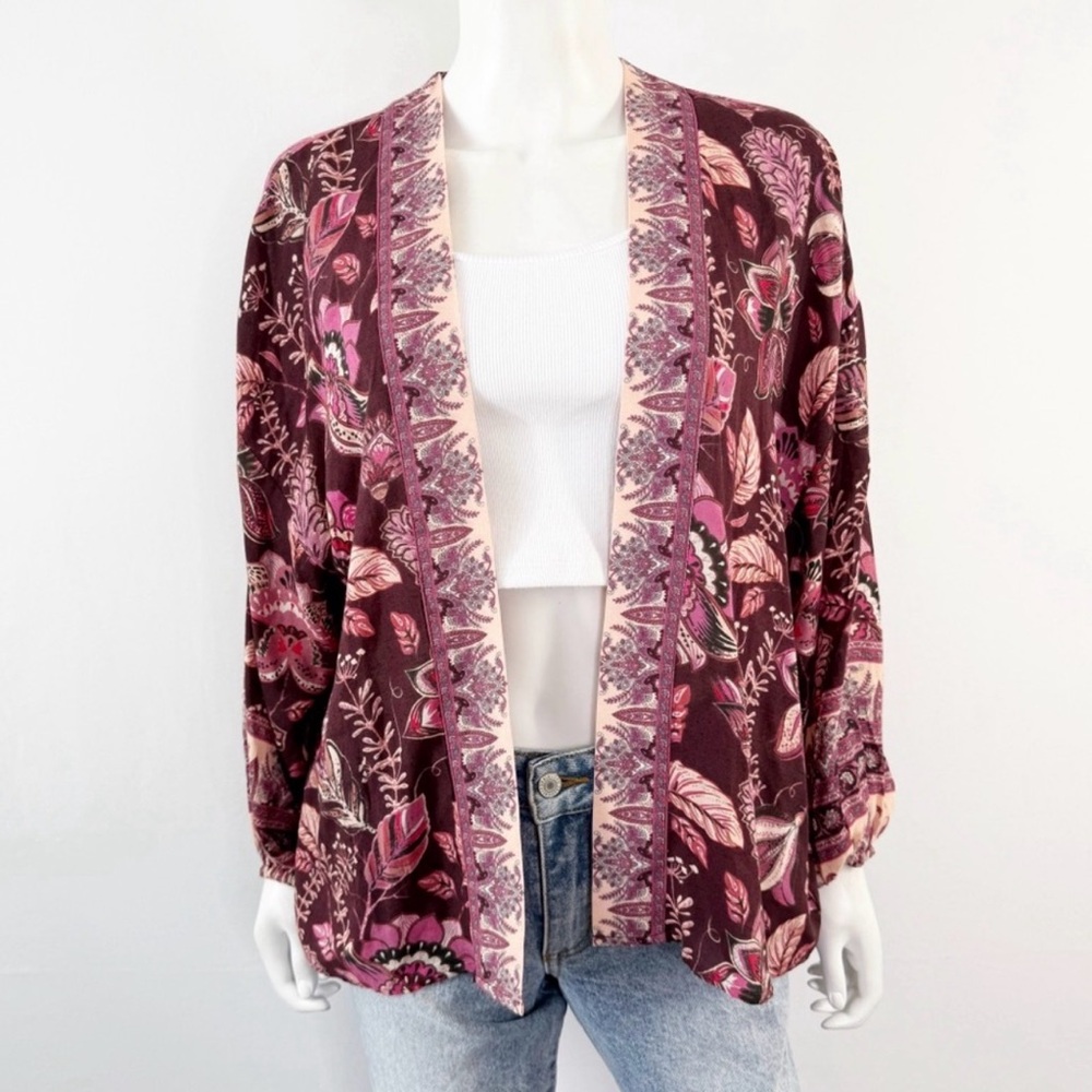 Michael Stars Burgundy Floral Open-Front Cardigan with Pink Accents